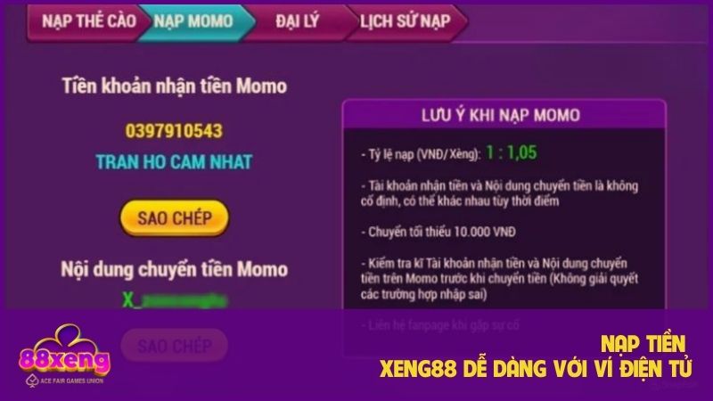 Hướng dẫn nạp tiền Xeng88: Đơn giản, nhanh chóng A-Z 1 Phương thức giao dịch nạp tiền Xeng88 rất đơn giản, dễ dàng thực hiện